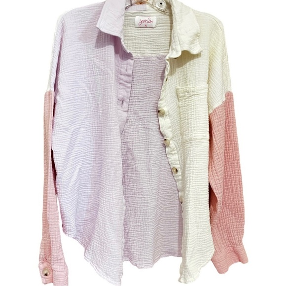 Jess Lea pink purple cream color block gauze button down shirt XL - Picture 2 of 3